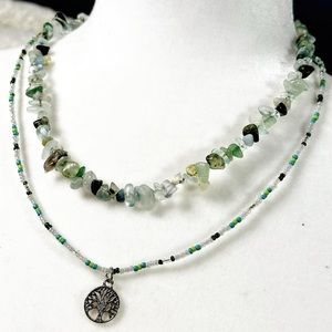 Handmade green crystal and beaded necklace with tree of life charm